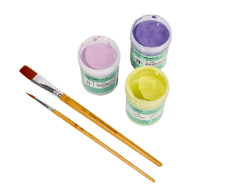 Amaco Underglazes in Chartreuse, Pink and Purple with 2 Paintbrushes on a transparent backgrond