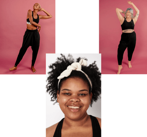 Women wearing Miakoda Headband in white and black slouchy pants